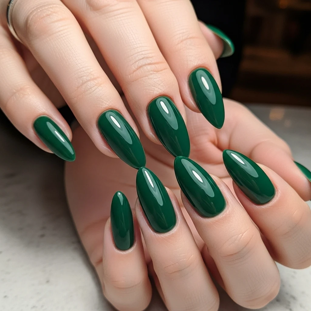 Deep Emerald Green Almond Nails