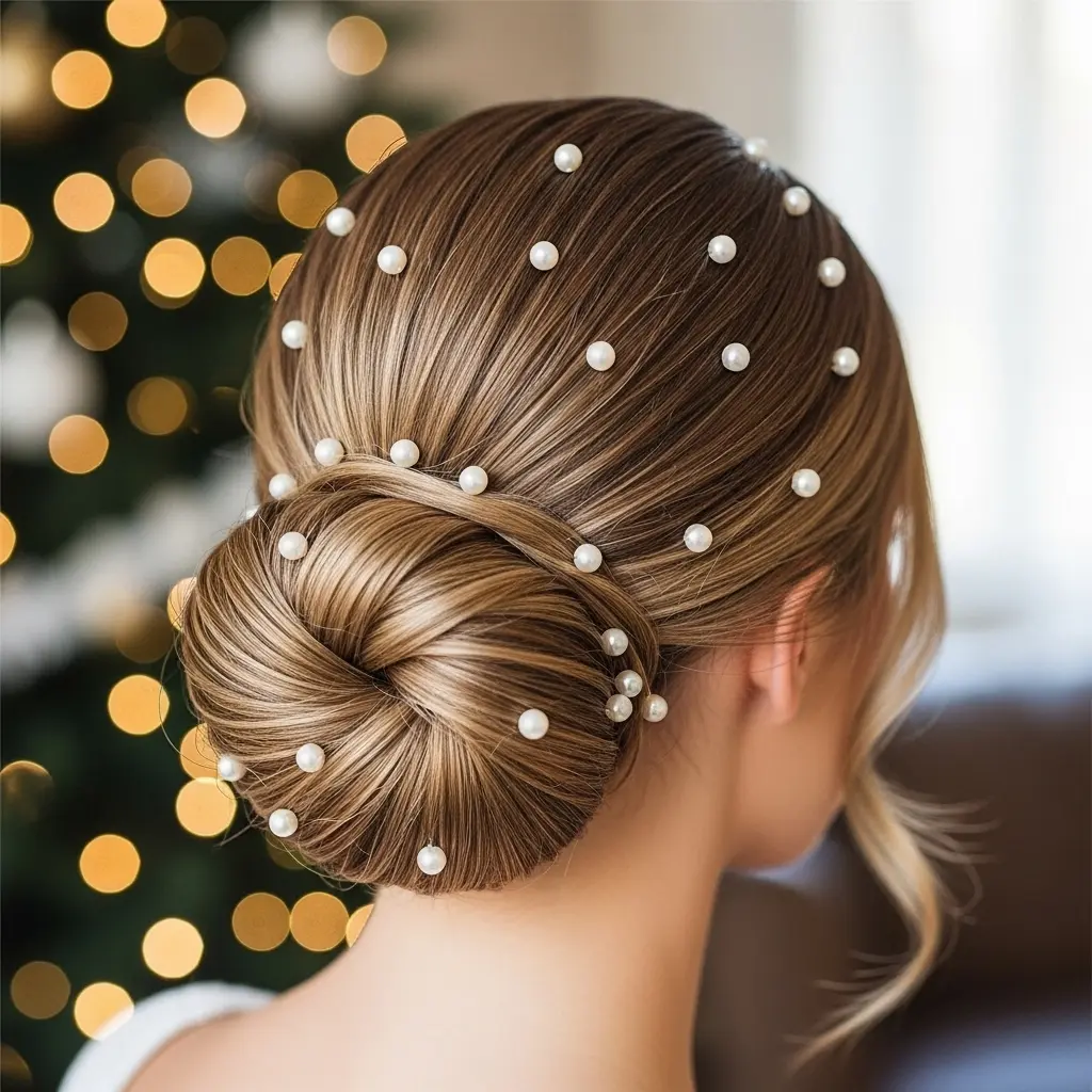 Low Sleek Bun with Pearls