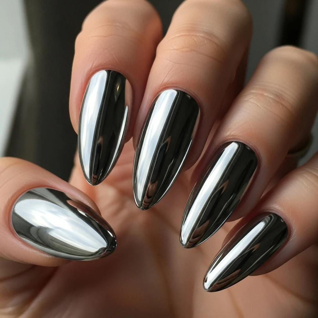 Metallic Chrome Almond Nails