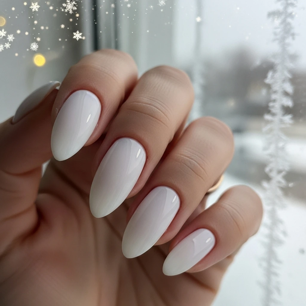 Milky White Winter Almond Nails