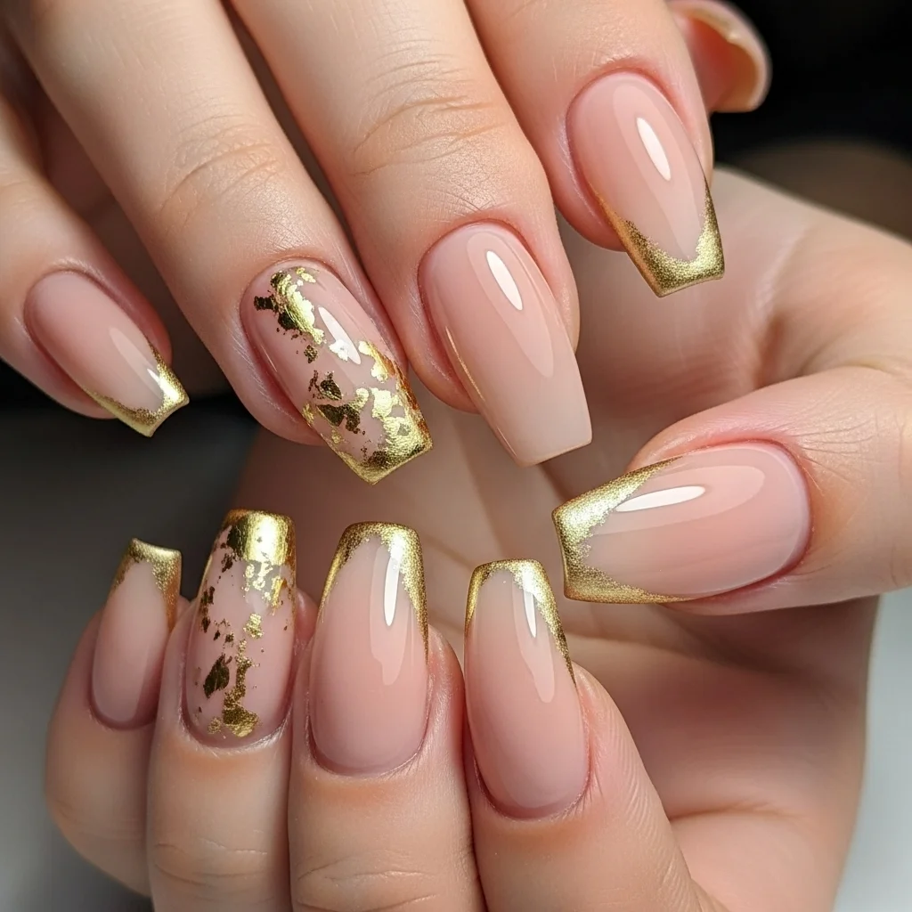 Nude Coffin Nails with a Hint of Gold