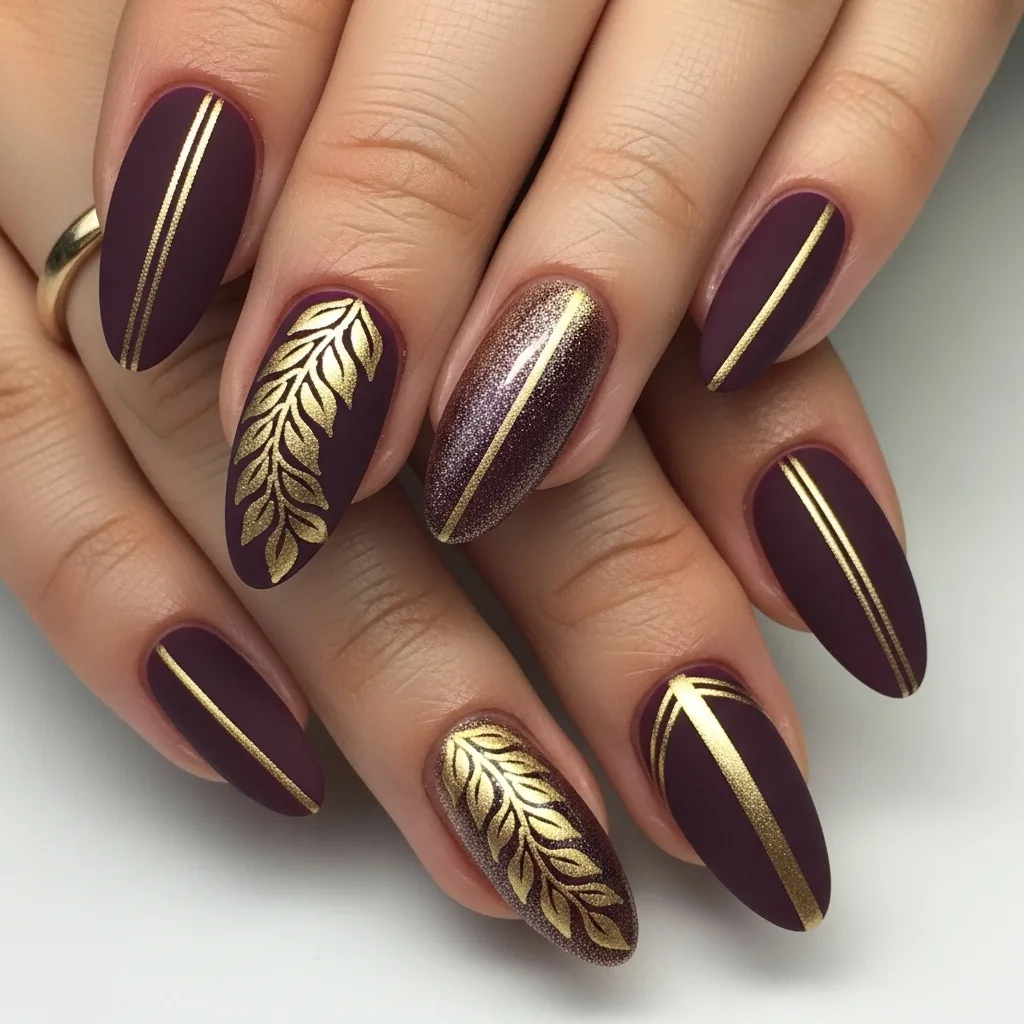 Plum and Gold Accent Almond Nails