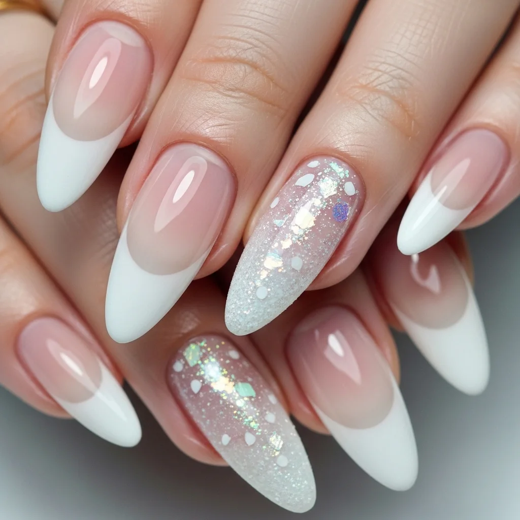 Snowy French Ombre Almond Nails