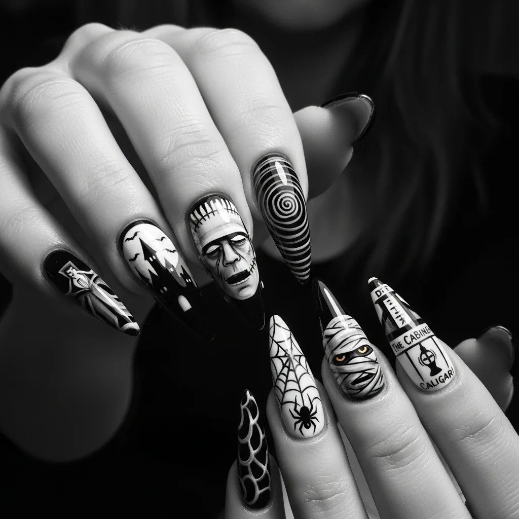 Black-and-White Nails Inspired by Vintage Horror Classics