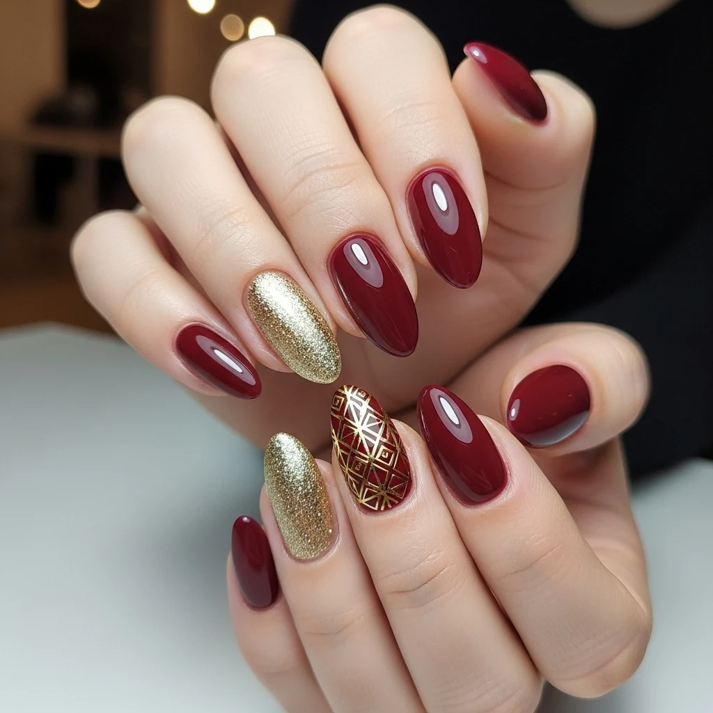 Burgundy and Gold Accent Nails