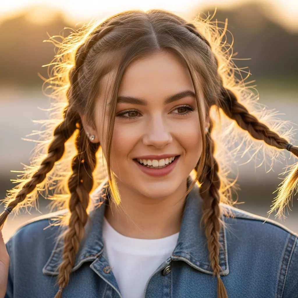 Loose Double Braids for a Youthful, Playful Vibe