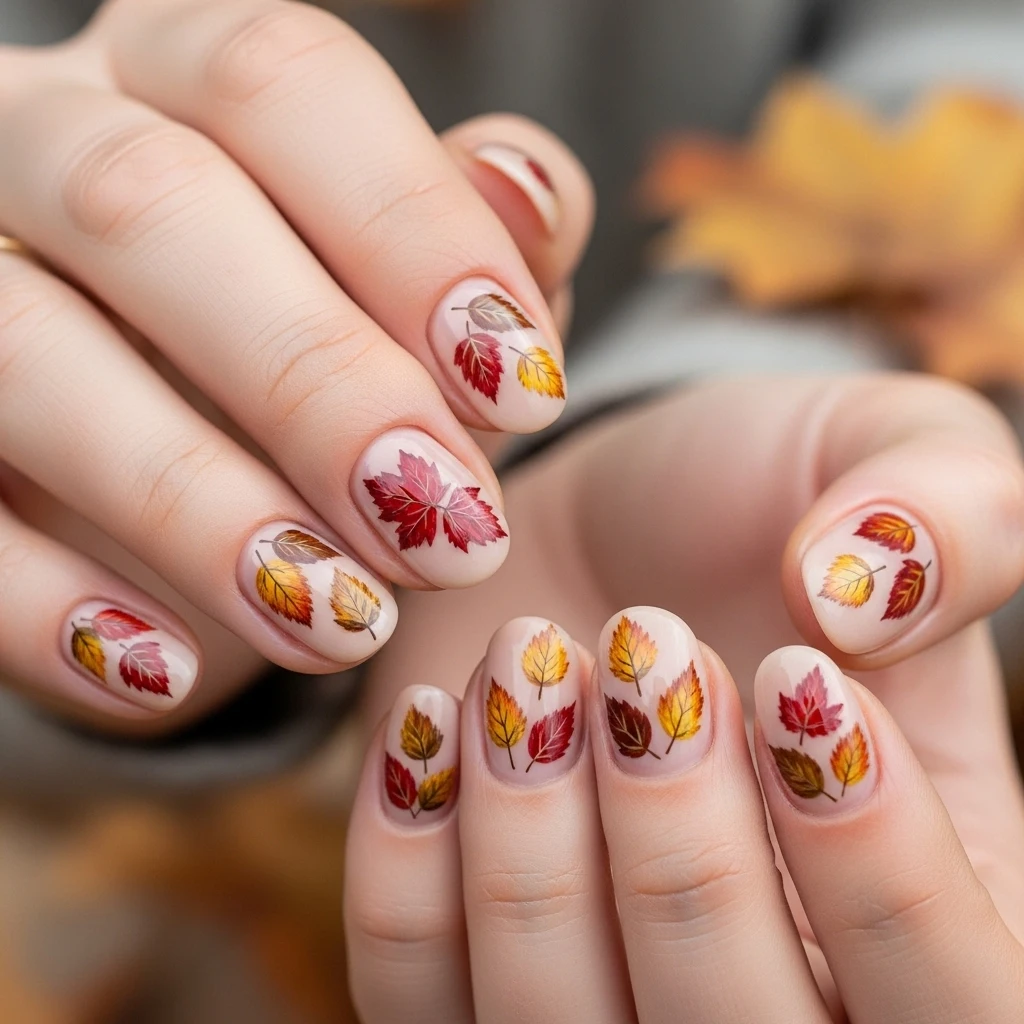 Neutral Nude Nails with Autumn Leaf Art