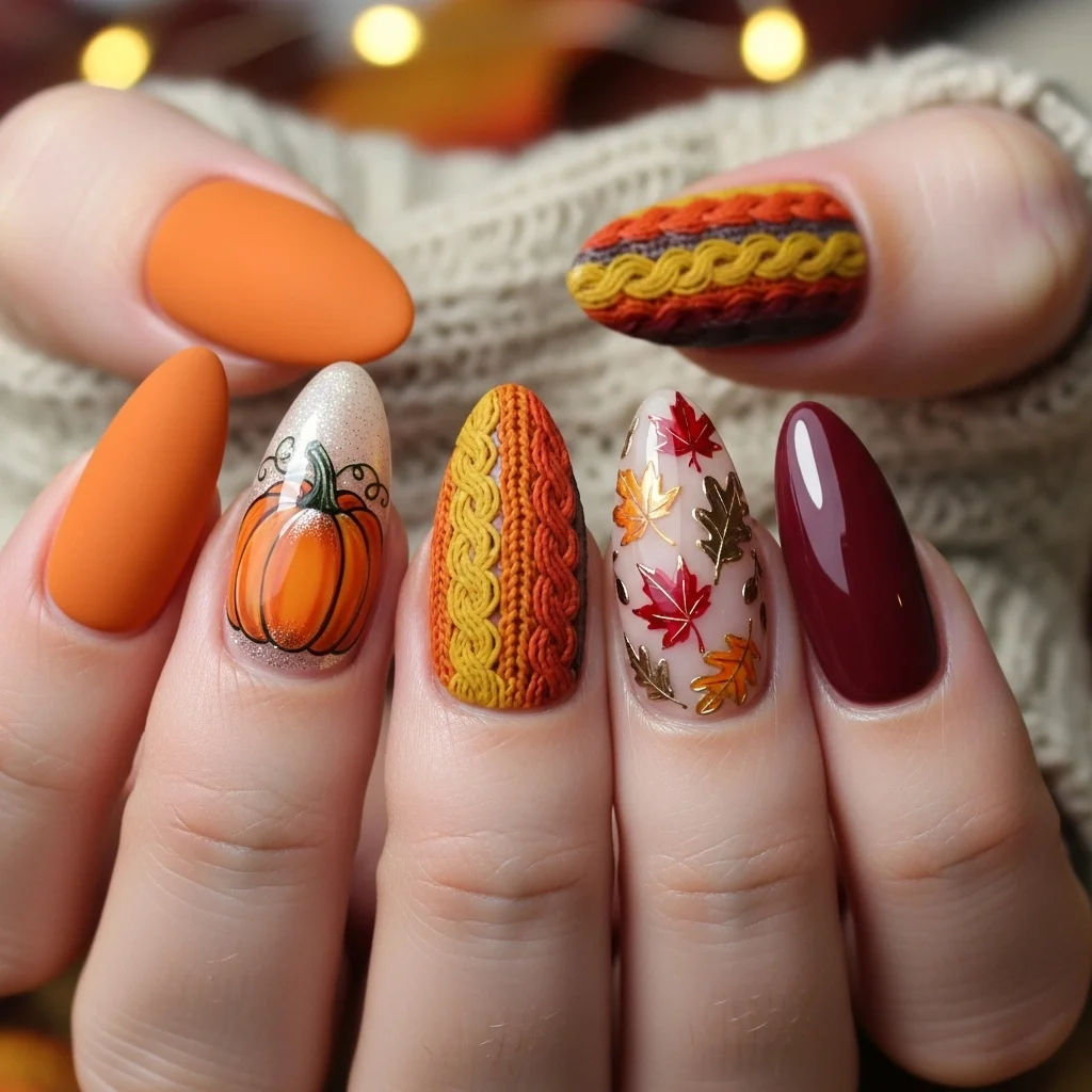 Pumpkin Nails with Fall Leaves or Sweater Texture