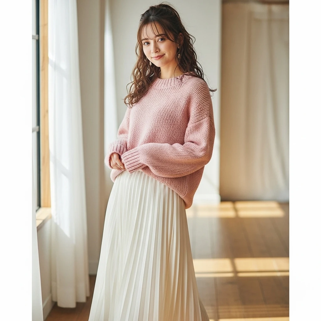 Soft Knit Sweater with a Pleated Skirt