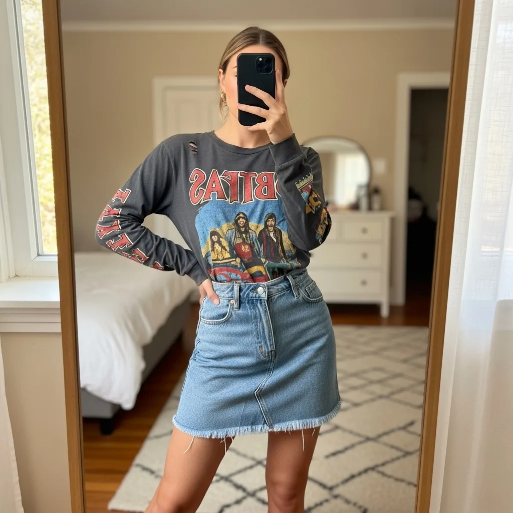 Long-Sleeve Graphic Tee and Jean Skirt Combo