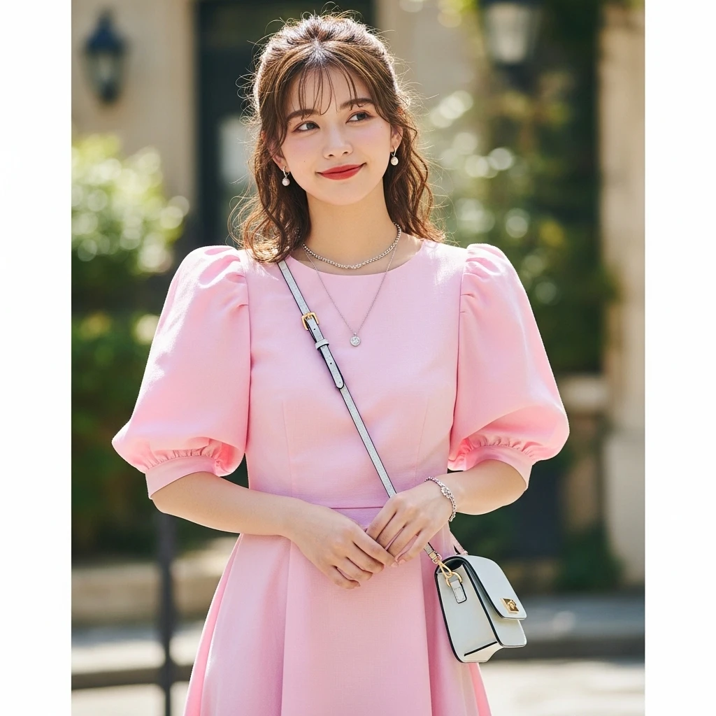 Puff-Sleeve Dress with Simple Accessories