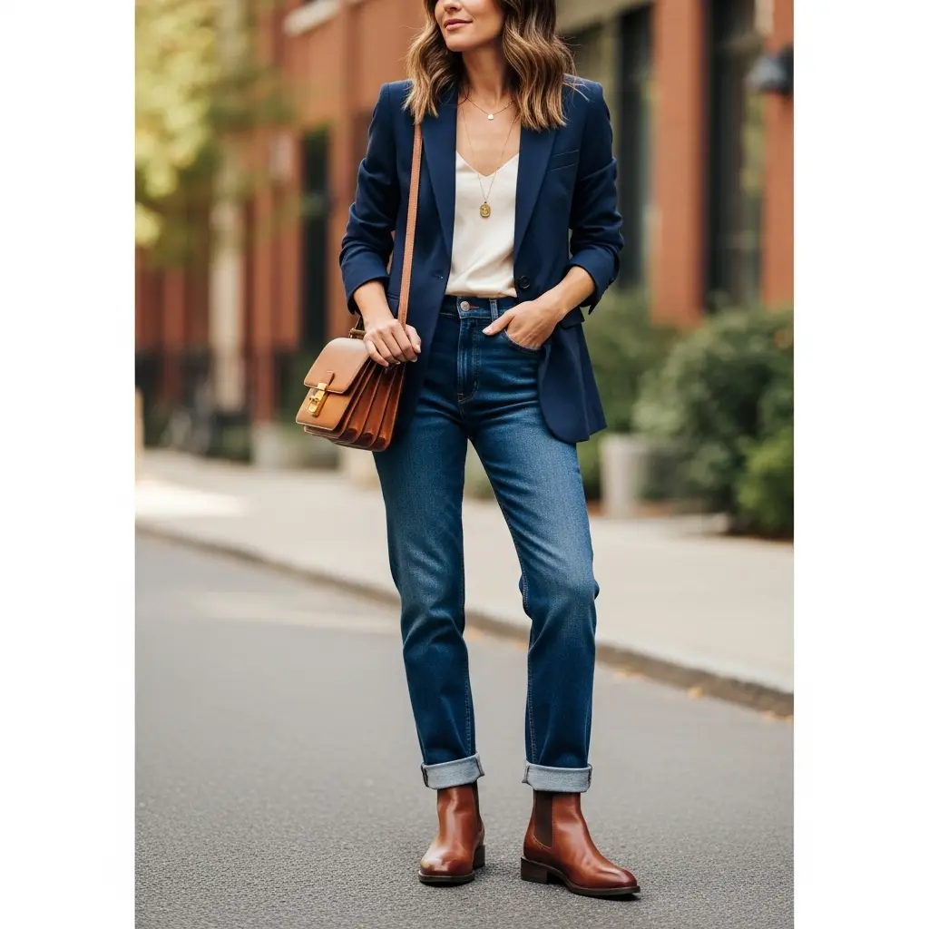 Brown Chelsea Boots with Straight-Leg Jeans and a Blazer