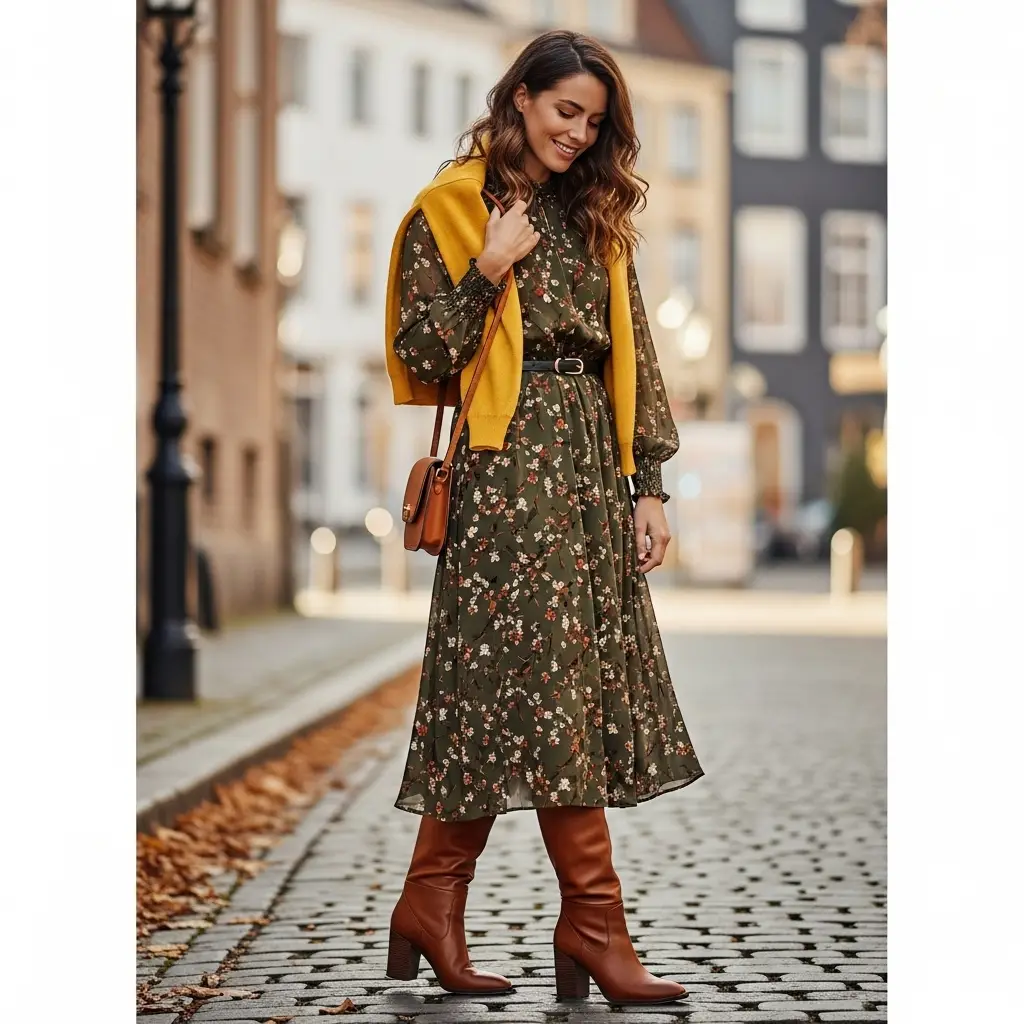 Knee-High Brown Boots with a Midi Dress