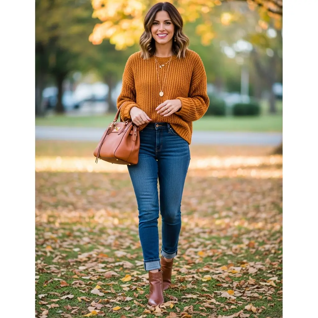 Brown Ankle Boots with Skinny Jeans and a Knit Sweater