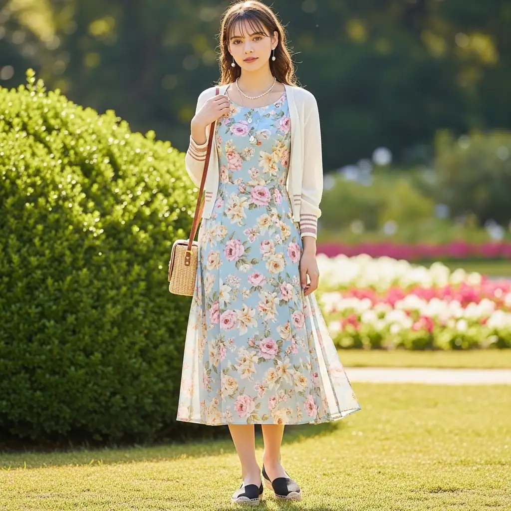 Floral Dress with a Light Cardigan