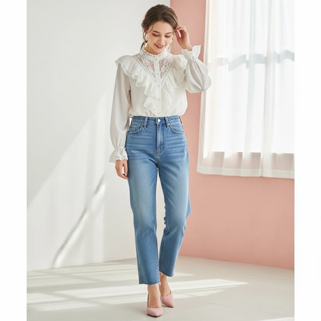 Ruffled Blouse with Straight-Leg Jeans