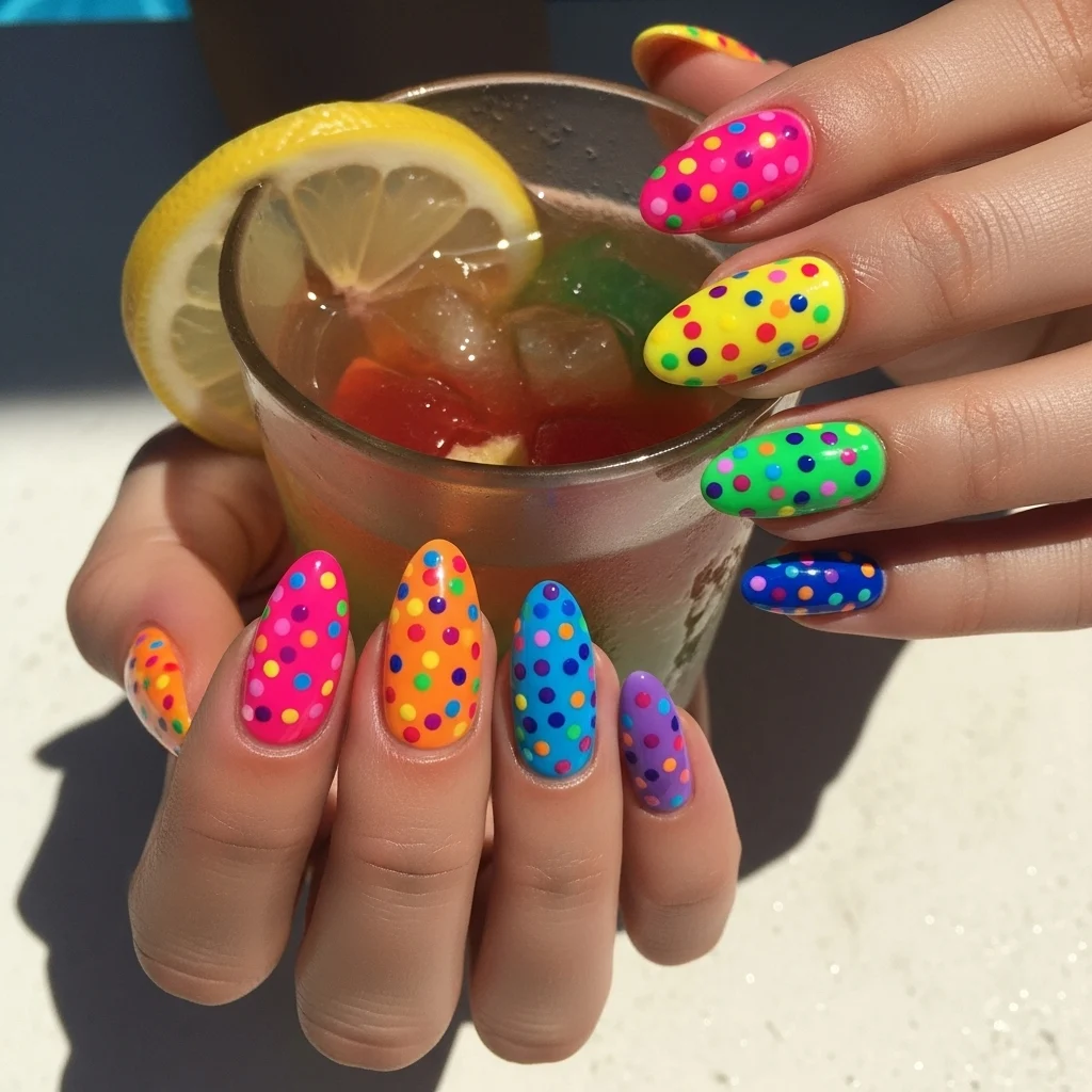 Colourful Rainbow Polka Dot Nails for Summer