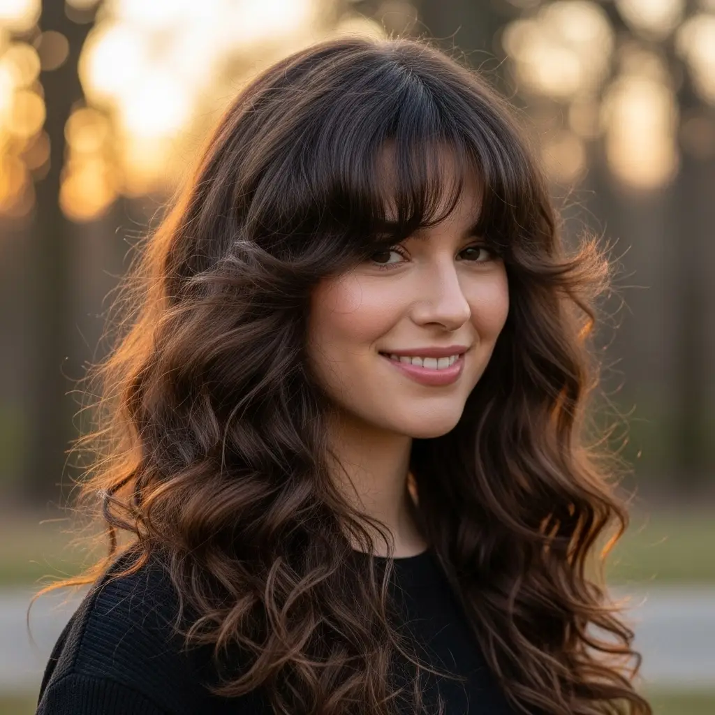 Long Curly Layers with Curtain Bangs