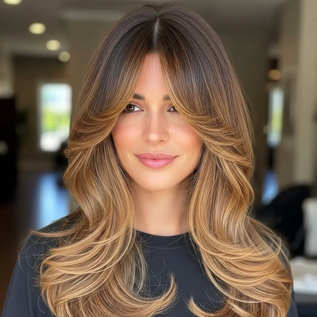Long Layered Hair with Curtain Bangs and Balayage