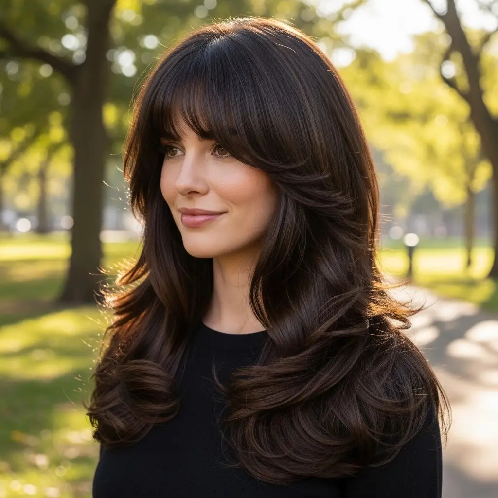 Long Layered Hair with Curtain Bangs and Soft Curls