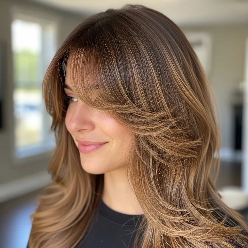 Long Wavy Layers with Curtain Bangs