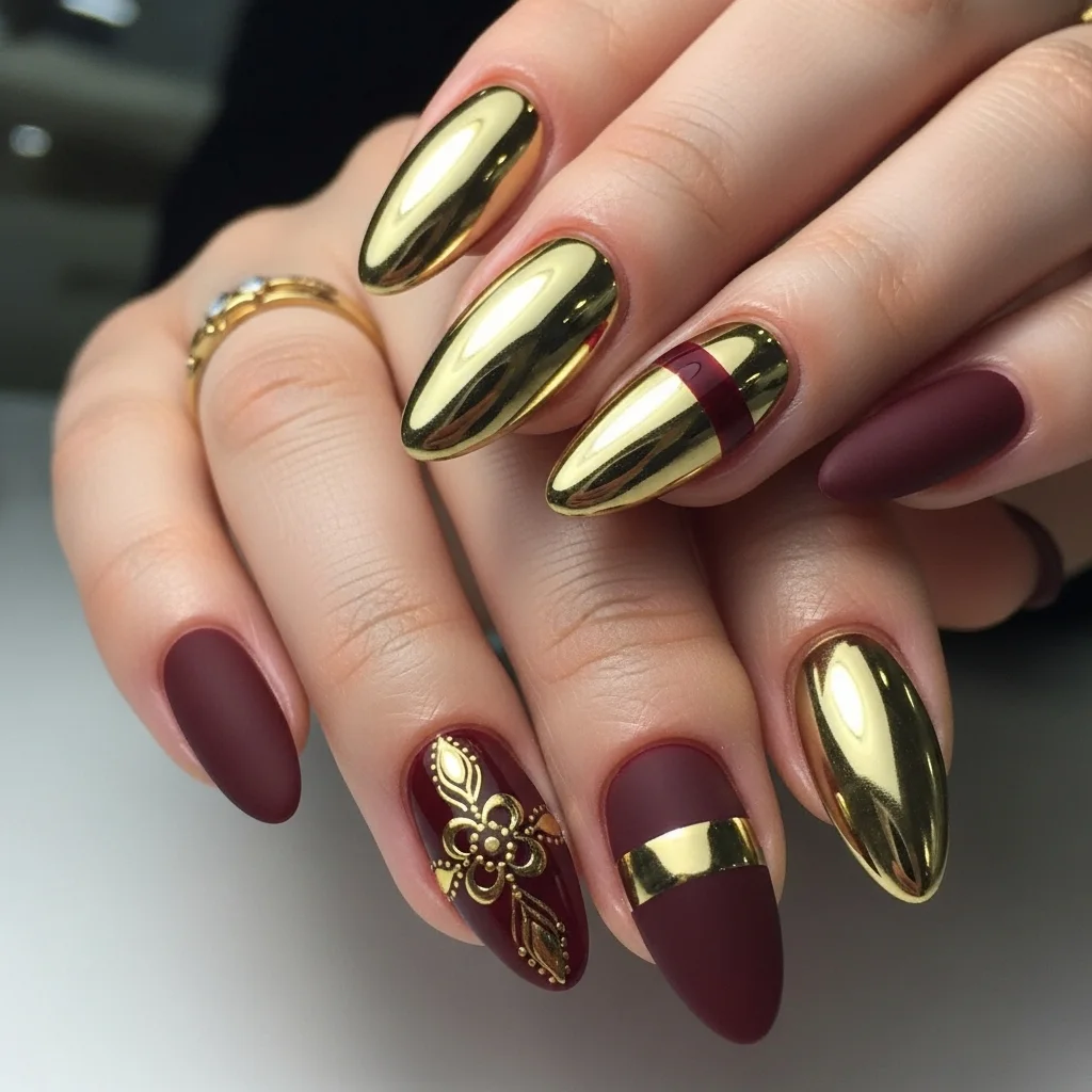 Maroon & Gold Nails
