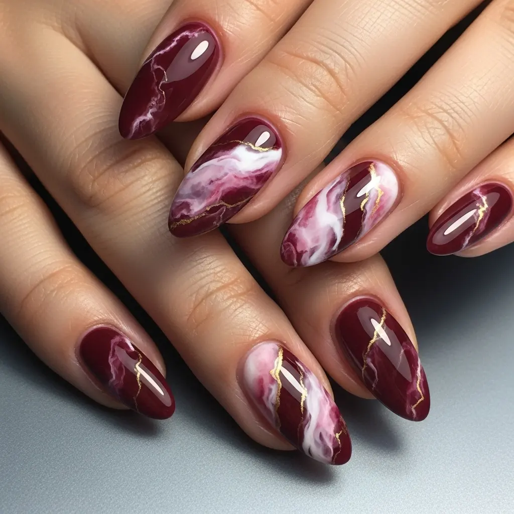Maroon Marble Nails