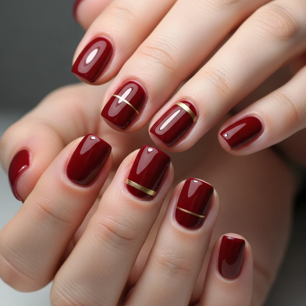 Maroon Nails with Minimal Art