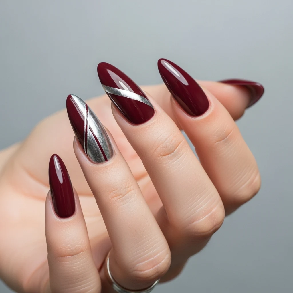 Maroon & Silver Nails