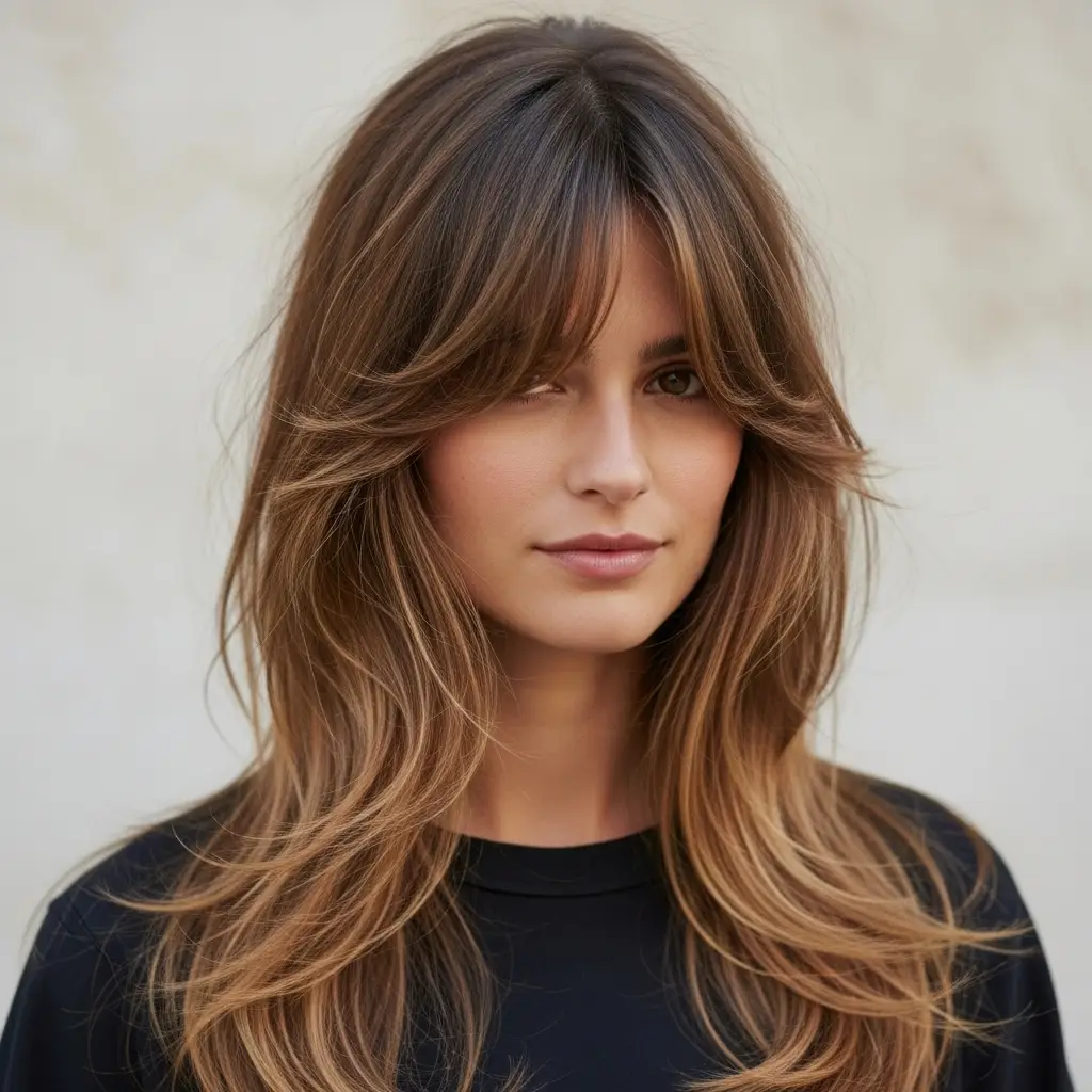 Natural Long Layers with Low-Maintenance Curtain Bangs