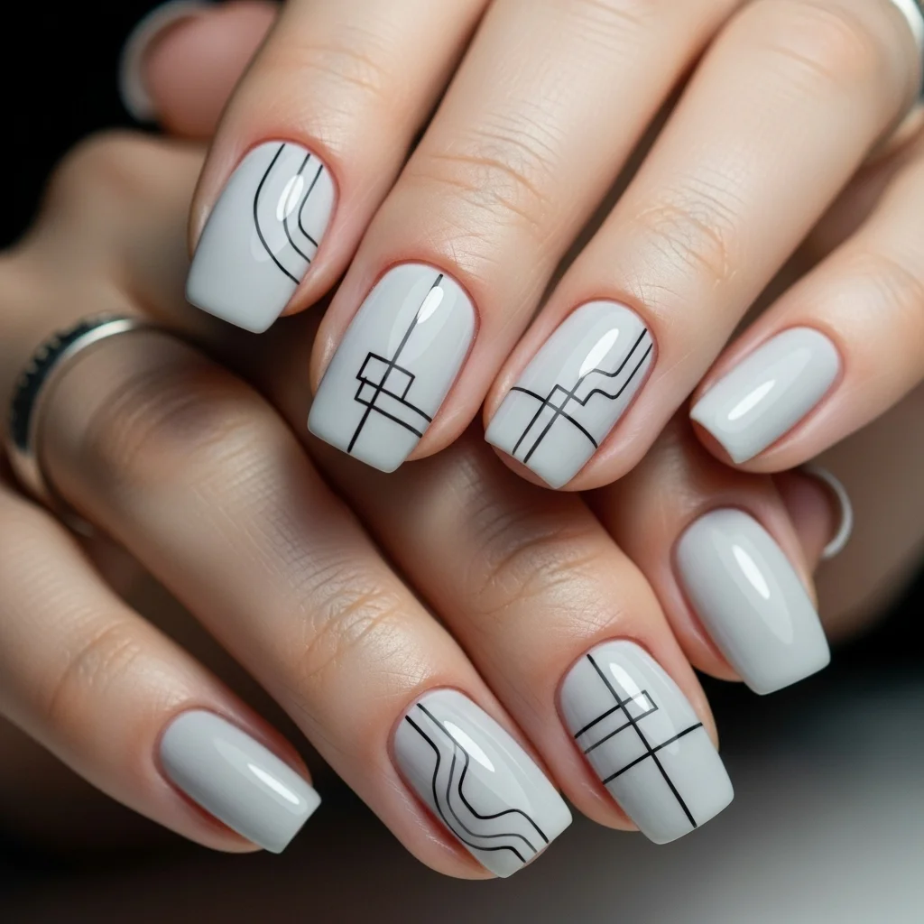 Pale Grey Nails With Minimal Line Art