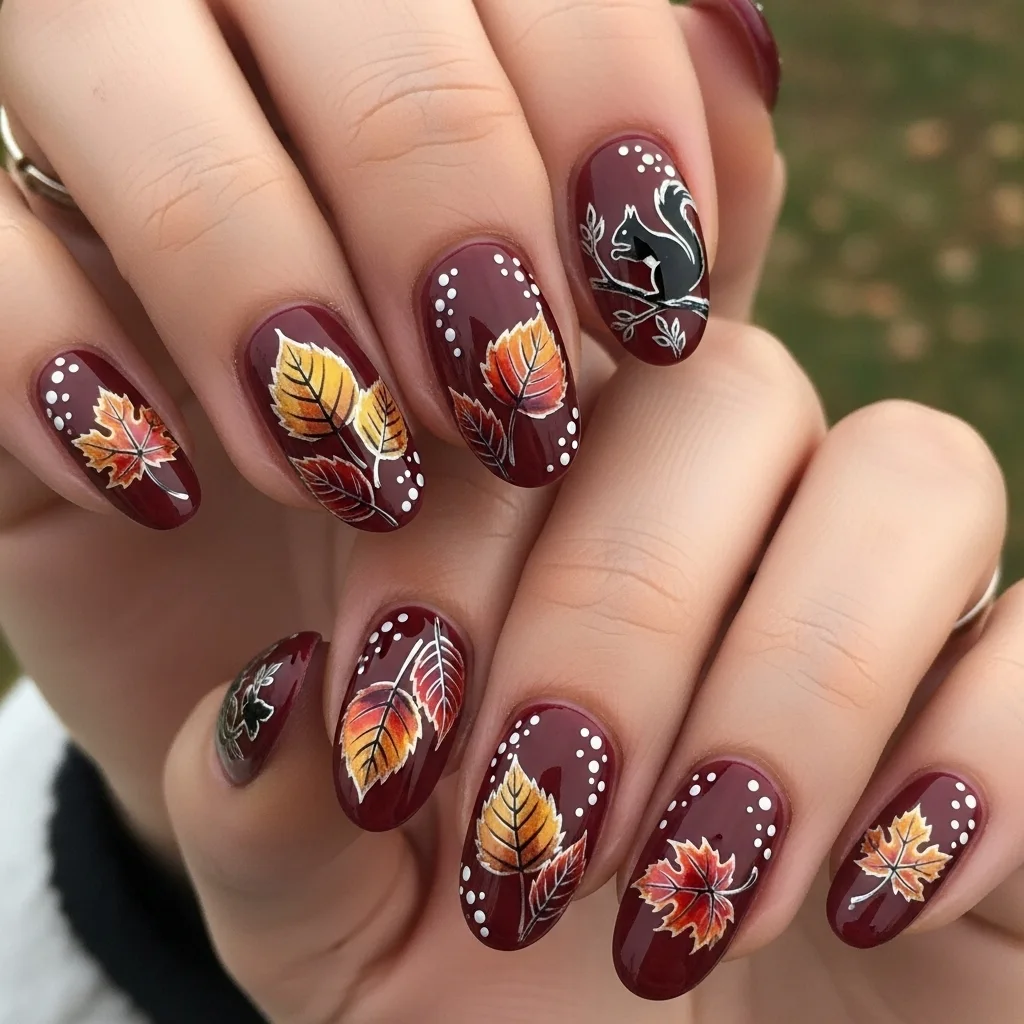 Seasonal Maroon Nails with Leaf & Nature Art