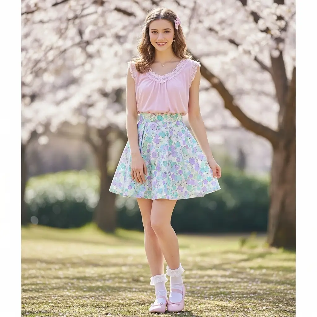 Pastel Top with High-Waisted Skirt