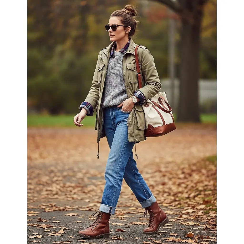 Brown Combat Boots with Denim and a Utility Jacket