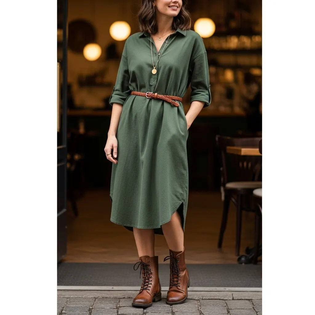 Brown Lace-Up Boots with a Casual Shirt Dress