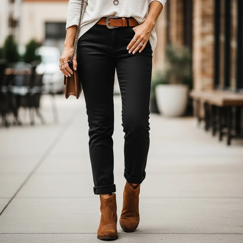Brown Suede Boots with Black Jeans and a Neutral Top