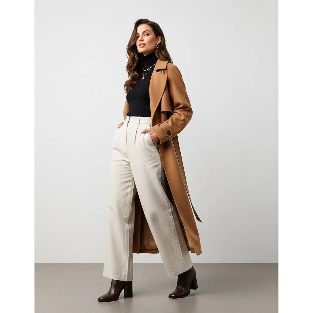 Brown Heeled Boots with Wide-Leg Pants