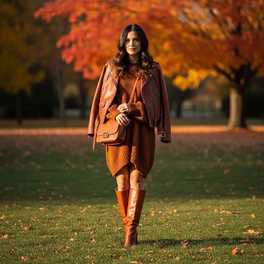 Leather Jacket with a Soft Knit Dress