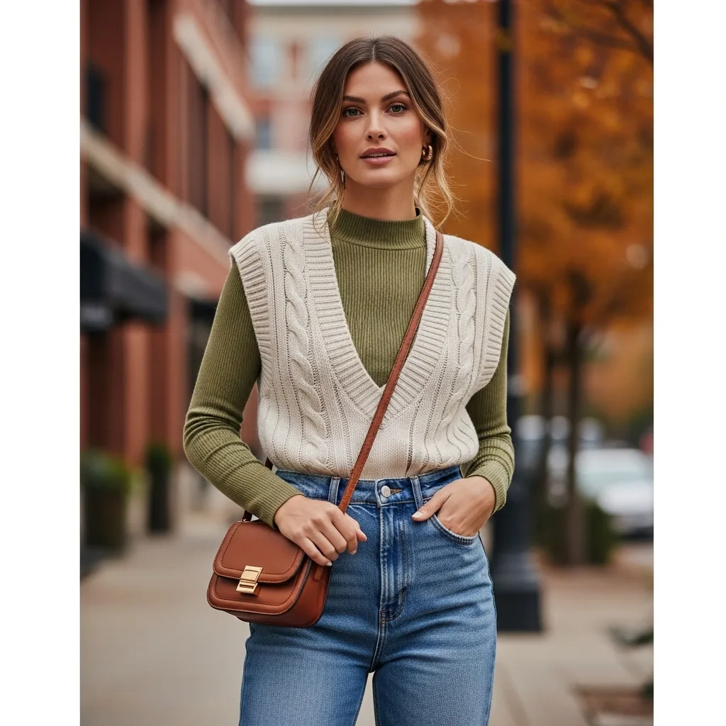 Knit Vest with Long-Sleeve Top and Jeans