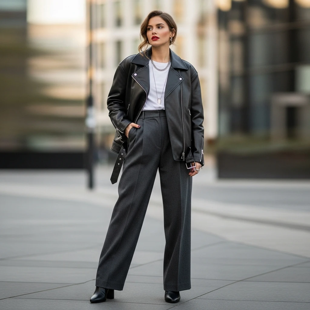 Leather Jacket with Tailored Trousers