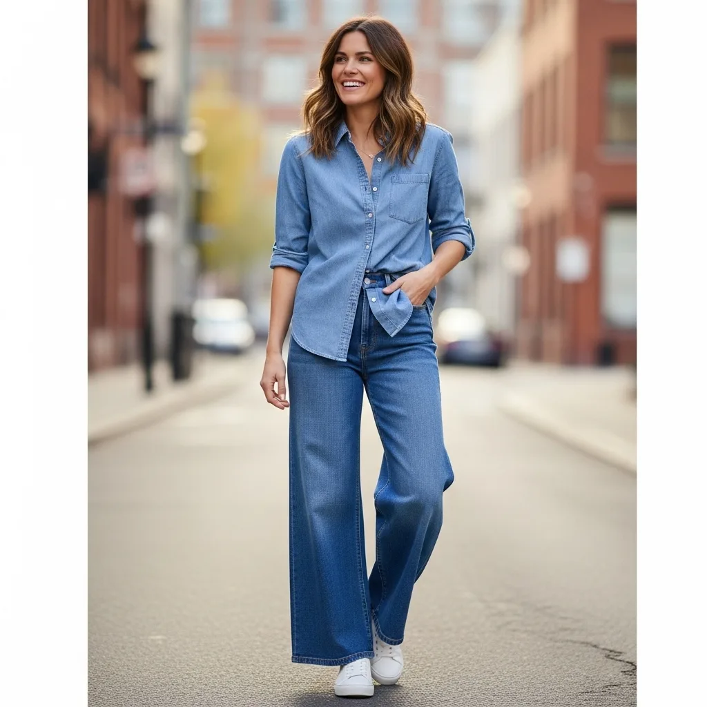 Button-Down Shirt with Wide-Leg Jeans