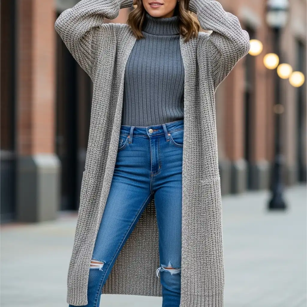Long Cardigan with Turtleneck and Jeans