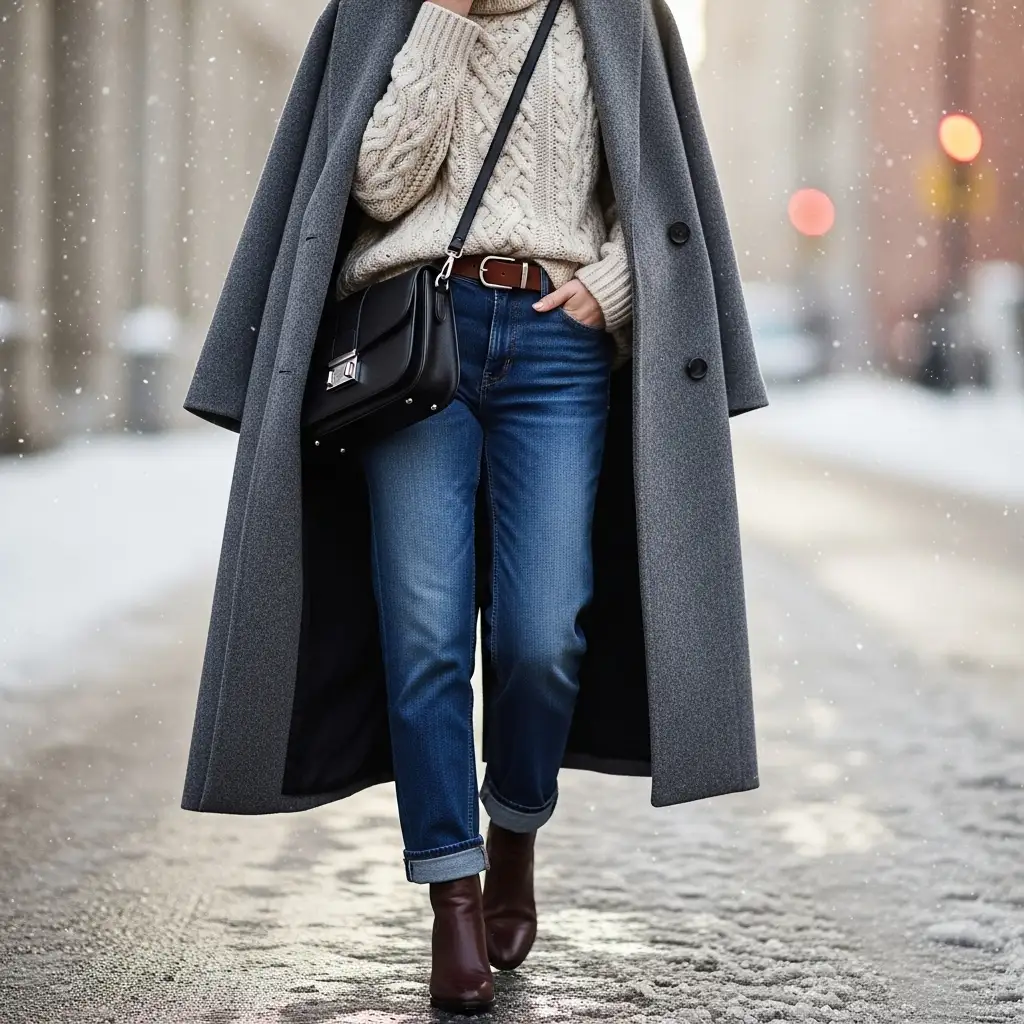 Wool Coat with Knit Sweater and Straight Jeans