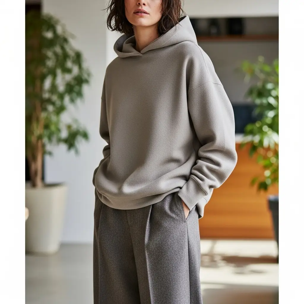 Neutral Hoodie with Wool Trousers